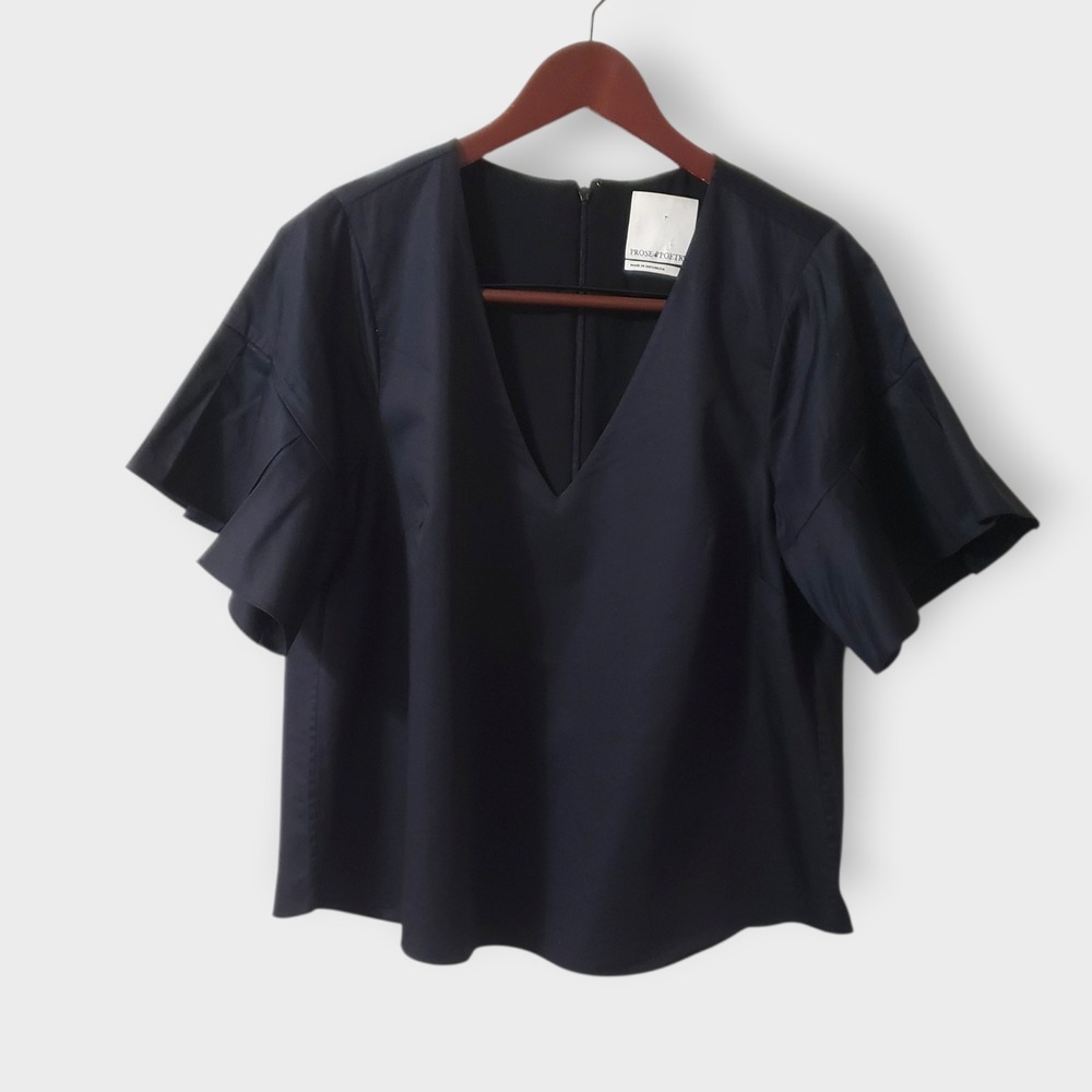 Prose & Poetry Pleat Flutter‎ Sleeve V-Neck Blouse Woven Cotton Top Black Size M